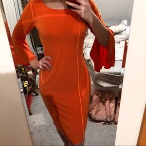 ORANGE CALVIN KLEIN BELL SLEEVE DRESS